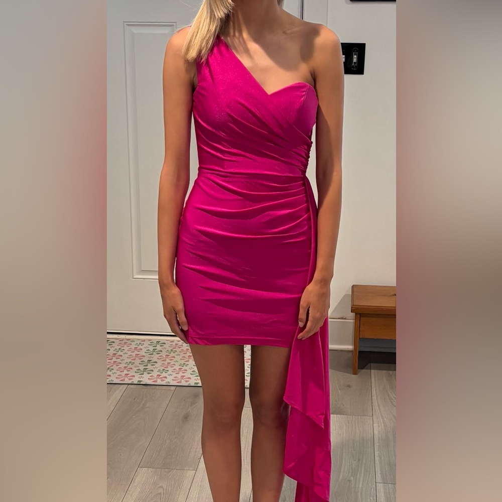 Midlength Hot Pink Homecoming Dress with Long Side Train